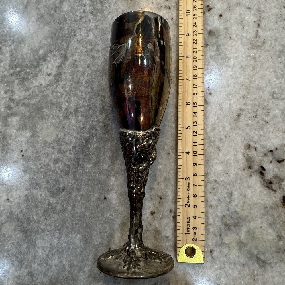 Silver Plated Wine Flute Goblet Chalice Embossed Carved Patina 10" Victorian